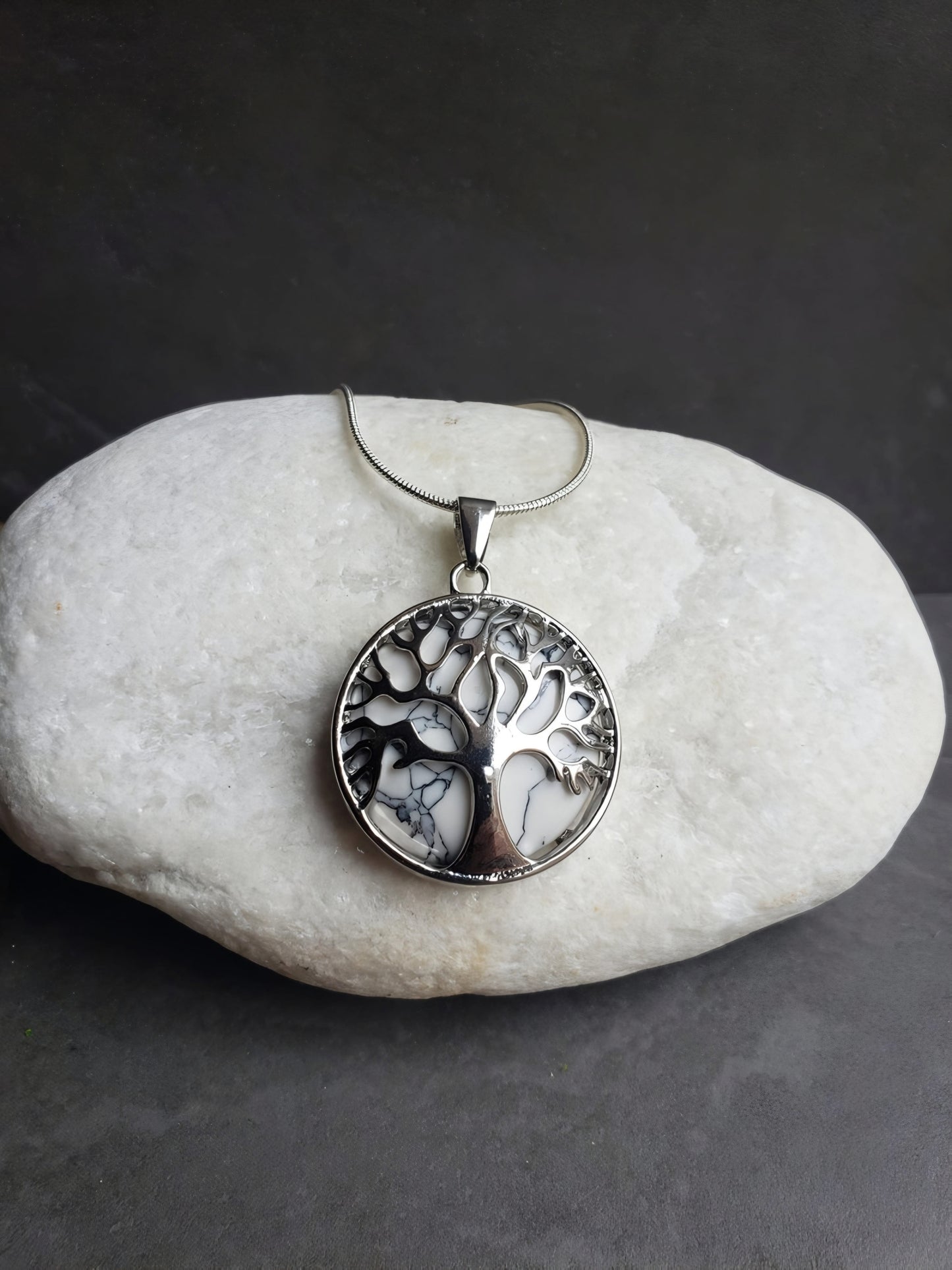 White Synthetic turquoise Tree of Life silver alloy bezel pendant with silver stainless steel snake chain