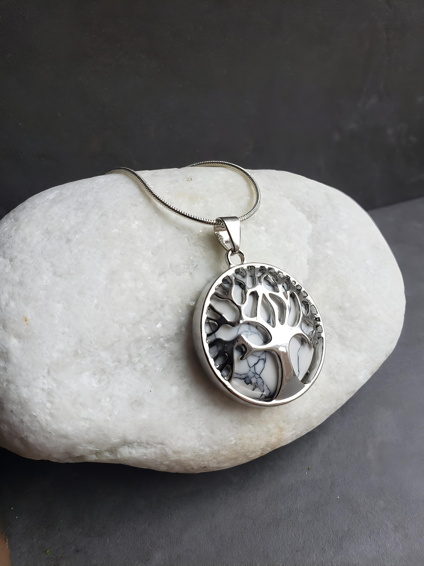 White Synthetic turquoise Tree of Life silver alloy bezel pendant with silver stainless steel snake chain
