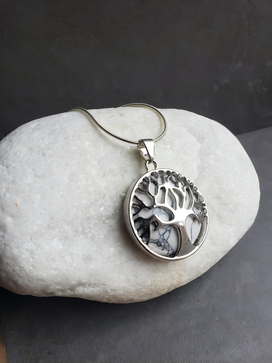 White Synthetic turquoise Tree of Life silver alloy bezel pendant with silver stainless steel snake chain